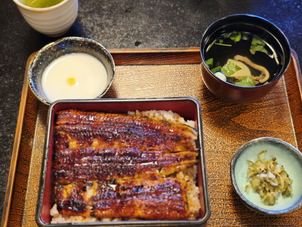 Traditional unagi meal with glazed grilled eel over rice, clear soup, pickles, and a small dessert, served on a lacquer tray