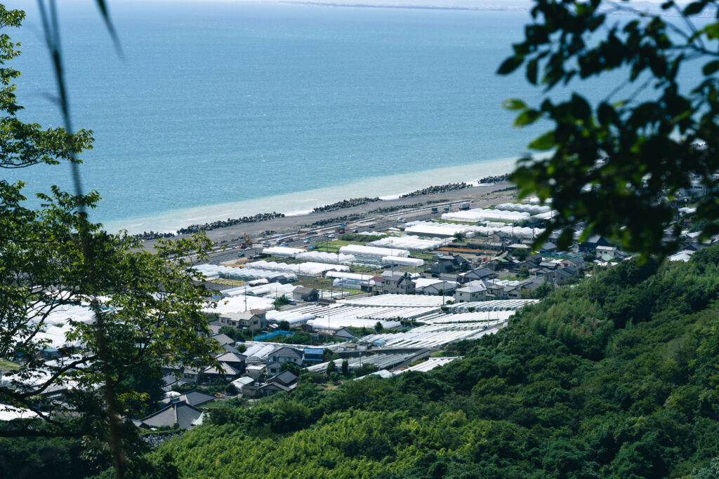 Scenic view from Nihondaira of green hills, white greenhouse roofs, and the blue Pacific Ocean stretching beyond.