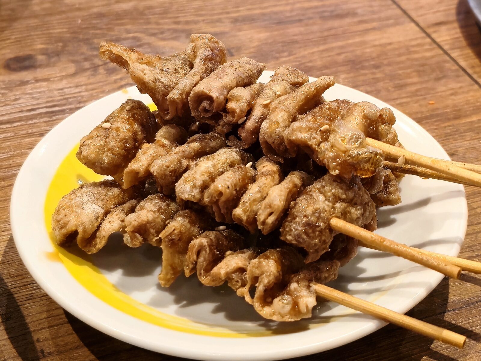 Chicken skin skewers