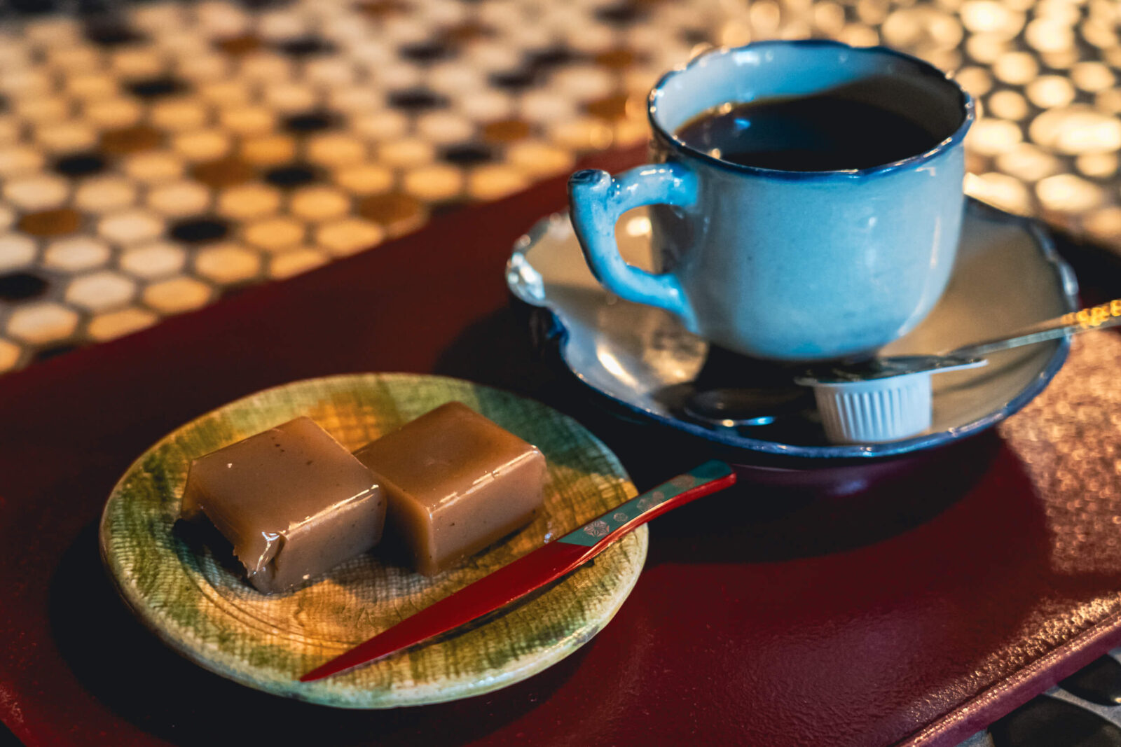 image of chestnut yokan and hot coffee