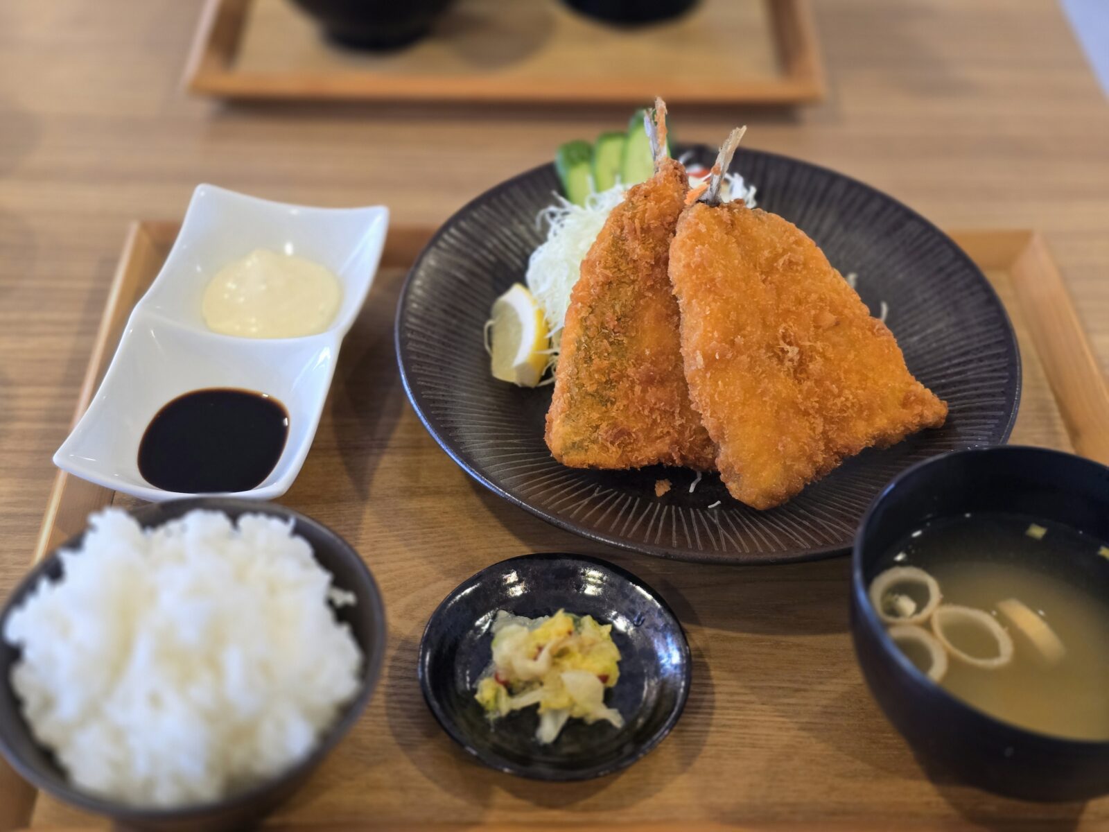 image of fried fish, miso soup and rice