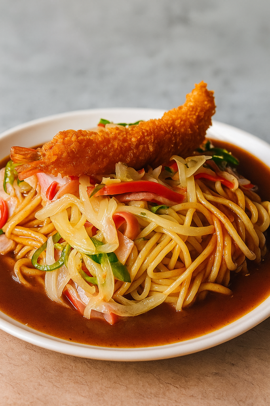 Ankake spaghetti at Yokoi — thick noodles topped with spicy tomato-meat sauce and sausages